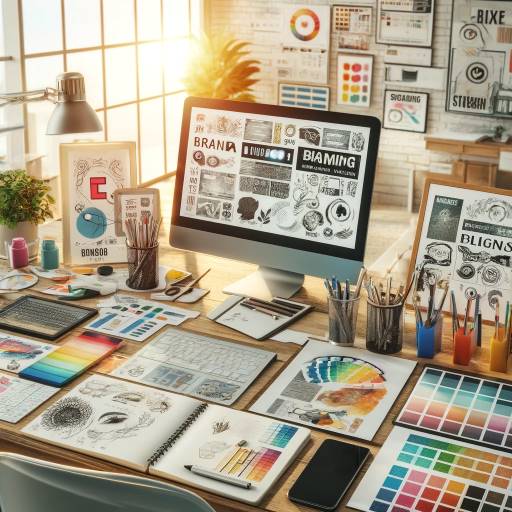 A creative workspace with sketches, color palettes, and digital devices displaying brand logos, illustrating the process of developing a strong brand identity for a side hustle, related to the article "How to Boost Side Hustle Marketing on a Budget."