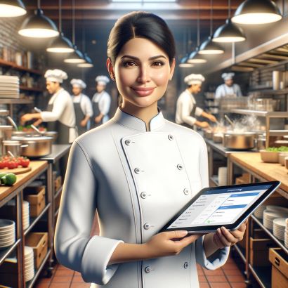 A Latina chef utilizes an AI inventory app on her tablet in the lively kitchen, a testament to Wired Wits’ brand alignment with practical tech.