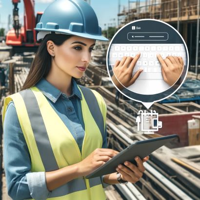 Latina construction business owner overseeing a site while checking an AI scheduling notification on her tablet, demonstrating seamless integration of technology in her daily management tasks.