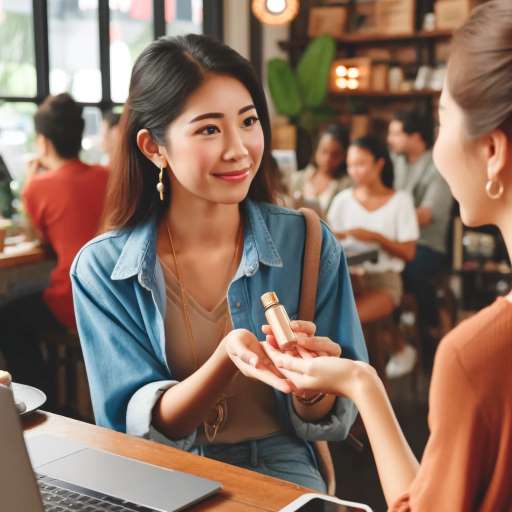 An Asian woman side hustler hands a product to a micro-influencer in a coffee shop, depicting a strategic marketing exchange, as outlined in "How to Boost Side Hustle Marketing on a Budget."