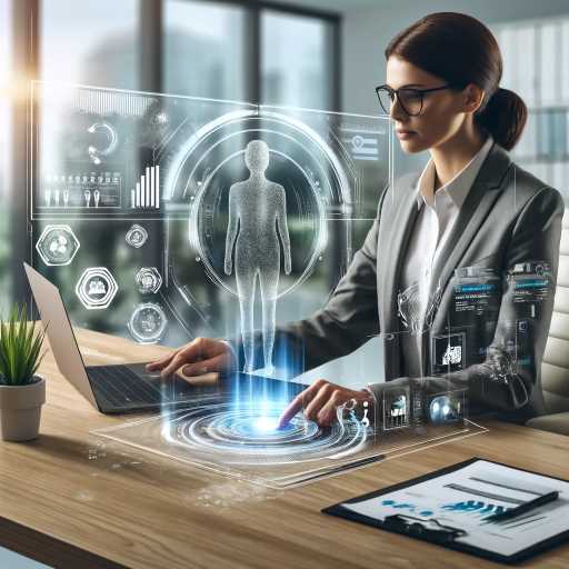 A human resources professional interacts with a holographic AI interface, displaying employee data and insights.