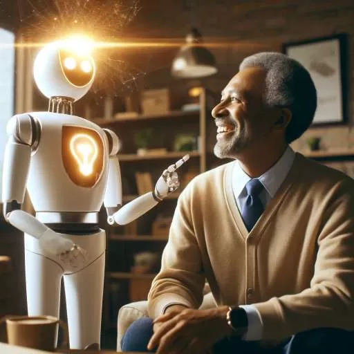 A 50-something black man experiences a moment of realization while interacting with a friendly AI agent, symbolized by a bright lightbulb overhead. The scene embodies the demystification of AI agents, portraying the technology as accessible and enlightening.