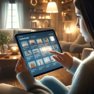 Young woman using a tablet displaying AI-generated personalized recommendations in a cozy living room, illustrating the impact of personalized customer experience.