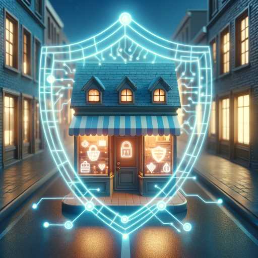 A quaint small business storefront enveloped by a glowing digital shield, symbolizing robust cybersecurity for small business.