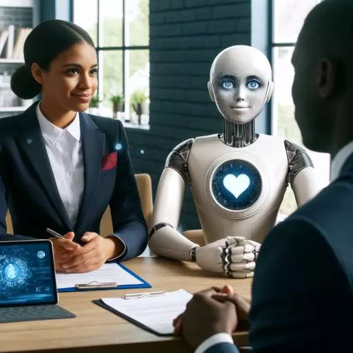 A Human Resources professional and an AI avatar collaboratively interview a candidate.