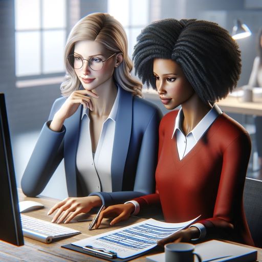 Two women collaboratively reviewing AI inventory management reports on a computer in an office setting.