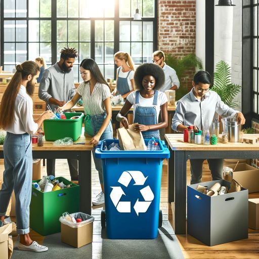 A diverse group of employees sorting recyclables and using reusable containers in a small business setting, showcasing sustainability for small business.
