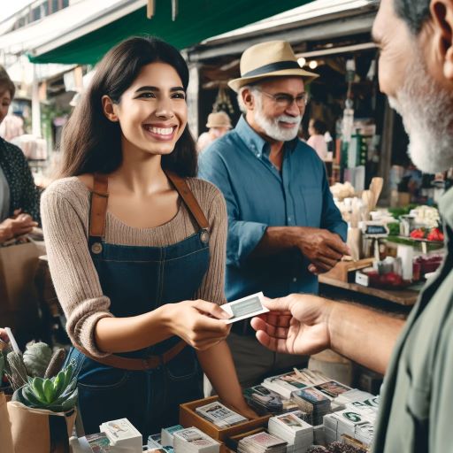 Lead generation with a Latina small business owner handing out business cards to potential customers at a local market stall.