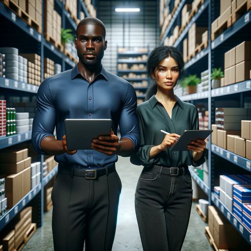 man and woman using AI inventory management software on tablets in a stock room