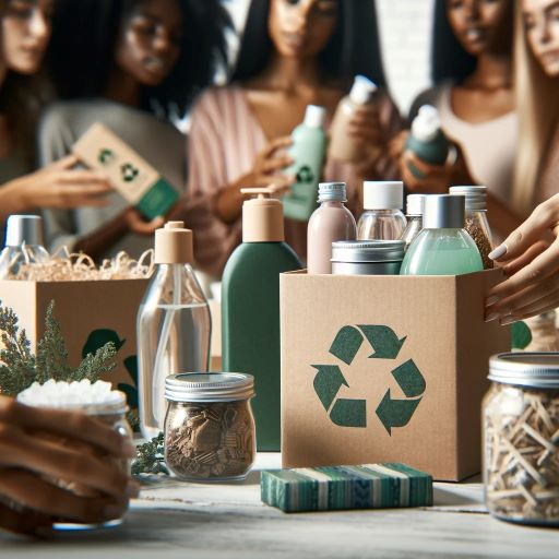 Diverse group, focusing on women of color, interacting with sustainable products and eco-friendly packaging in a modern, clean environment, showcasing sustainability for small business.